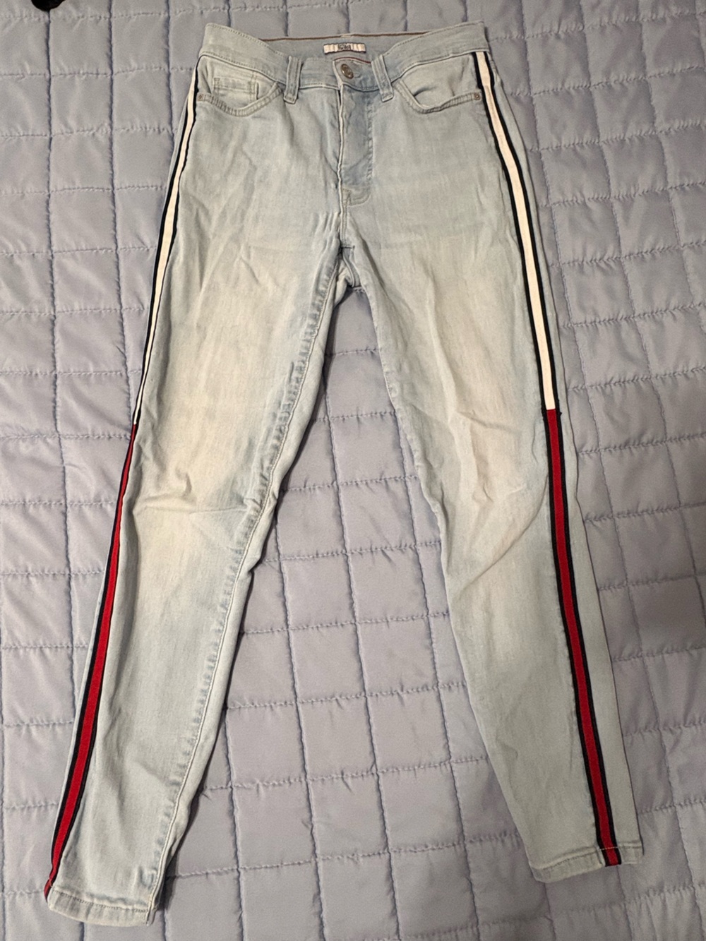 Light Blue Woman’s Jeans with Red & Black Side Stripe
